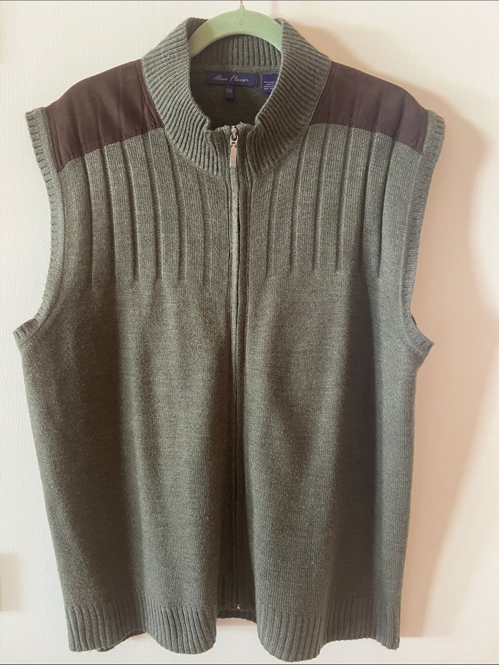 Alan Flusser Olive Green Knit Zip-Front Cardigan with Brown Shoulder Panels